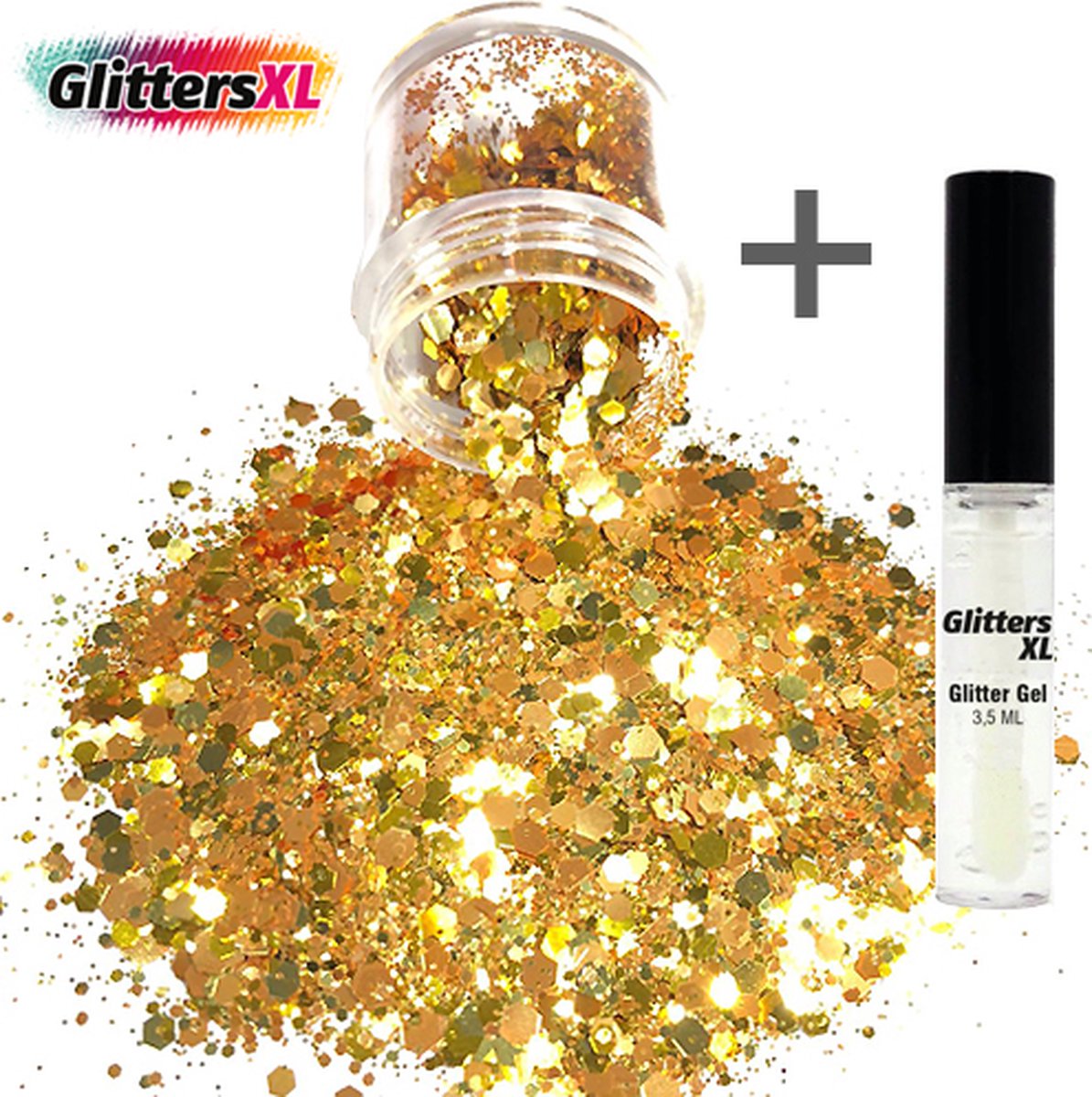 GlittersXL - Chunky Glitters (Goud) (Volume 8g) + Glitter Huid Lijm [Festival Makeup Gezicht Lichaam - Face Body Glitter - Biologisch afbreekbaar - Versiering Dames Volwassen Kinderen]